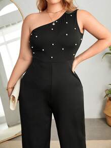 SHEIN Privé Jumpsuits Plus Size cườm đính Ngọc trai màu trơn Thanh lịch - màu đen - Xem 5