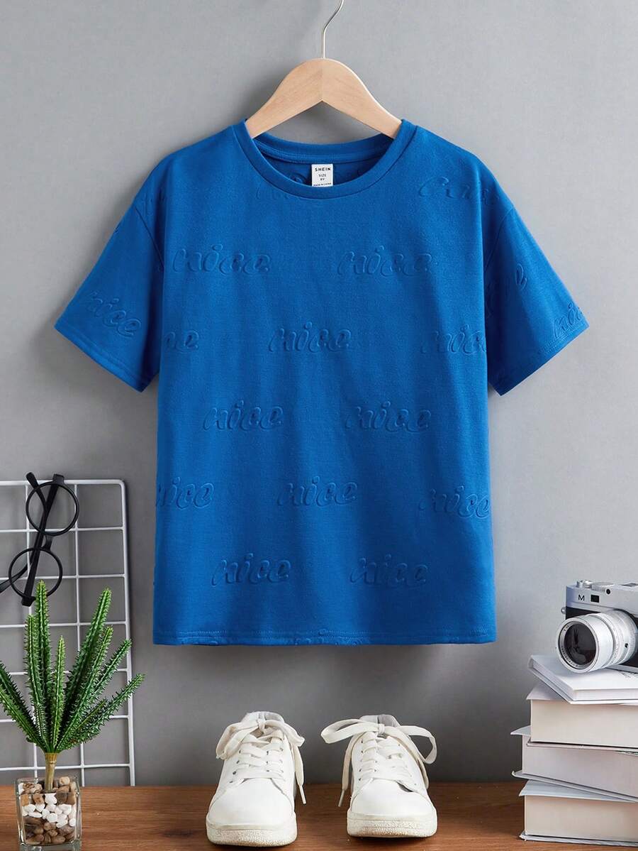 SHEIN Boys Letter Pattern Drop Shoulder Tee - Blue - View 1