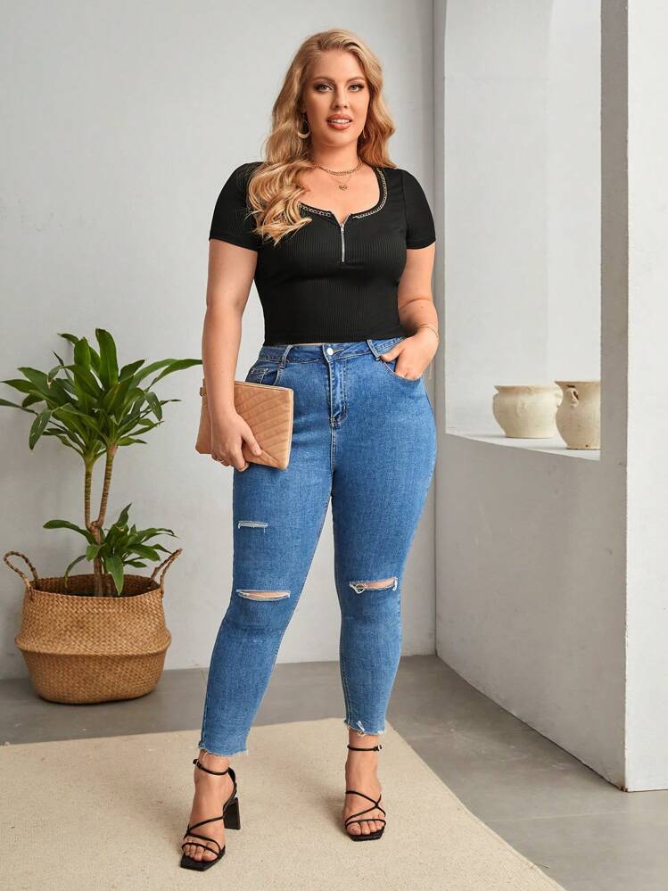 SHEIN Privé Camiseta crop con cremallera delantera - Negro - Añade 6
