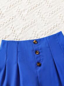Tween Girl Button Front Fold Pleated Shorts - Royal Blue - View 4