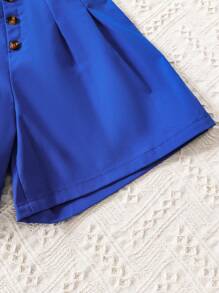 Tween Girl Button Front Fold Pleated Shorts - Royal Blue - View 6