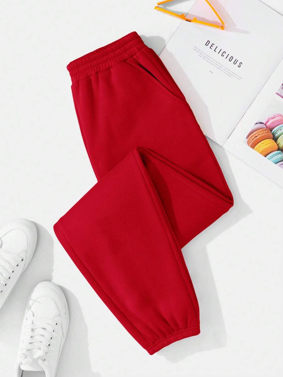 INAWLY Solva Solid Elastic Waist Slant Pocket Joggers - Red - View 1