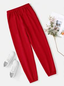INAWLY Solva Solid Elastic Waist Slant Pocket Joggers - Red - View 3
