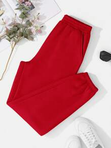 INAWLY Solva Solid Elastic Waist Slant Pocket Joggers - Red - View 4