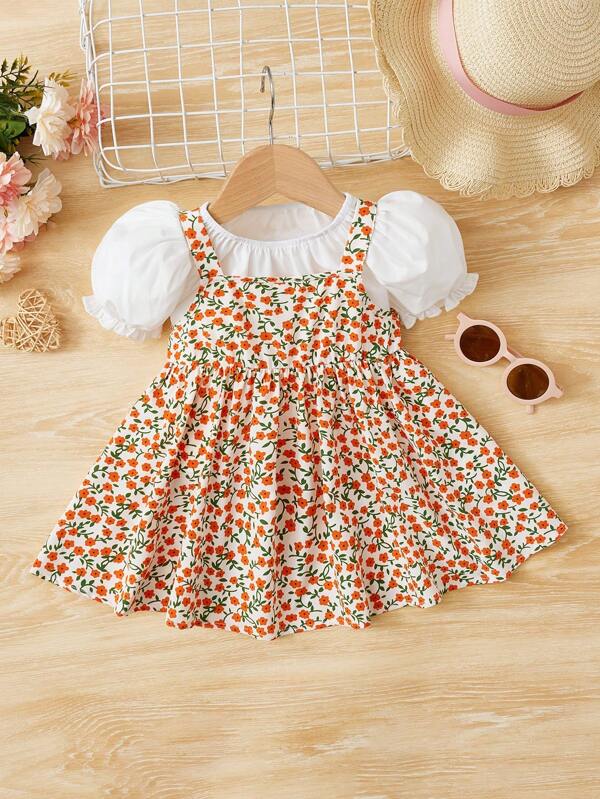 SHEIN Baby Ditsy Floral Print Slip Dress & Puff Sleeve Top SHEIN USA