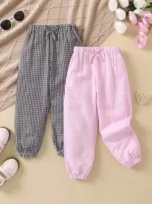 SHEIN 小女童2入組格子圖案前打結長褲 - 彩色 - 查看 1