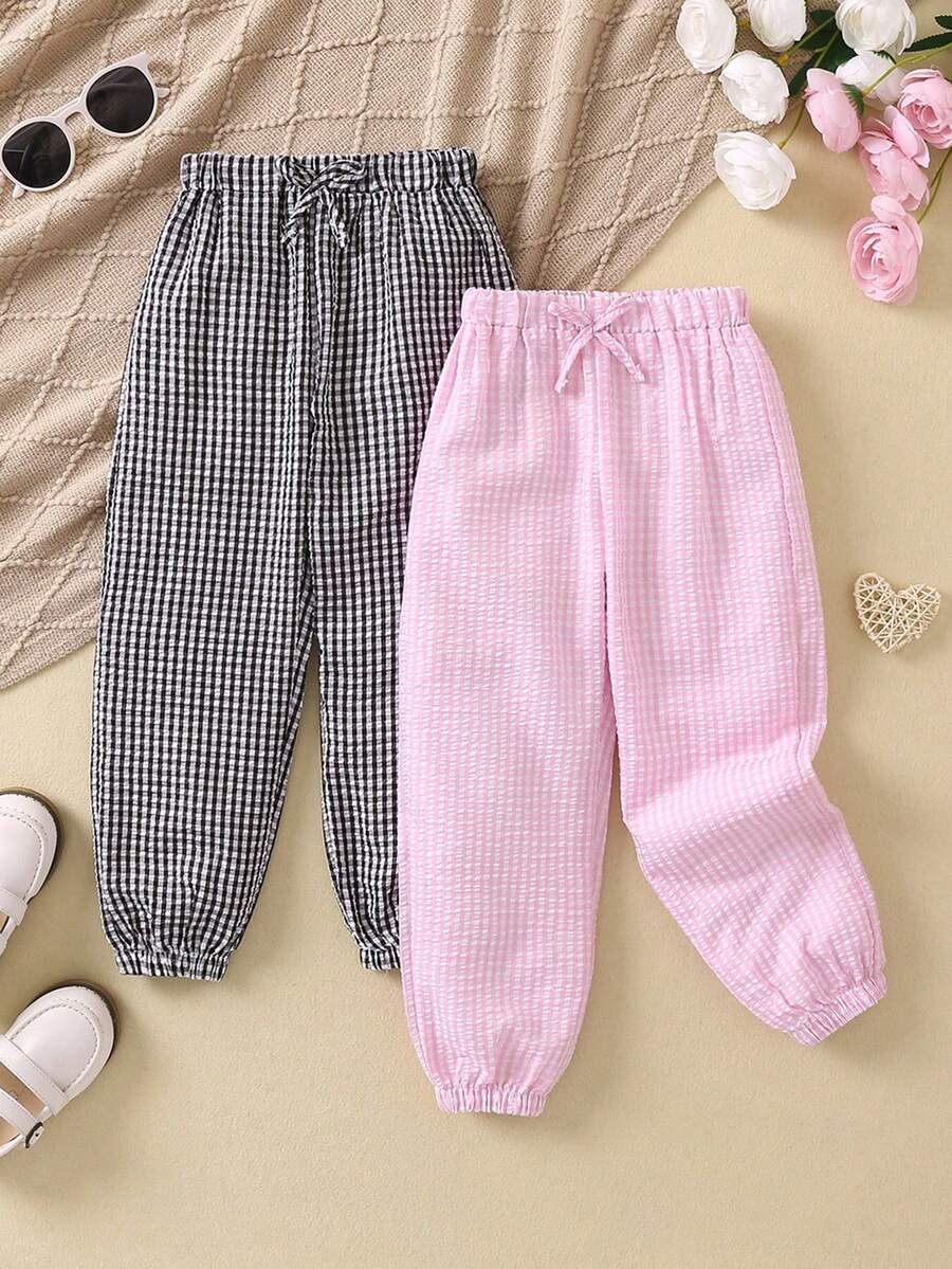 SHEIN 小女童2入組格子圖案前打結長褲 - 彩色 - 查看 1