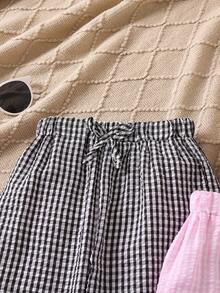 SHEIN 小女童2入組格子圖案前打結長褲 - 彩色 - 查看 3