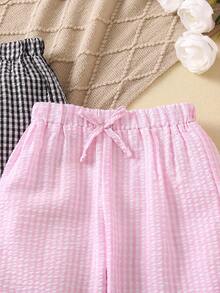SHEIN 小女童2入組格子圖案前打結長褲 - 彩色 - 查看 4