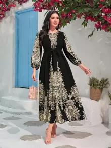 Al Najma 巴洛克印花系带连衣裙 女式长款服装 - 黑色 - 查看 3