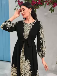 Al Najma 巴洛克印花系带连衣裙 女式长款服装 - 黑色 - 查看 4