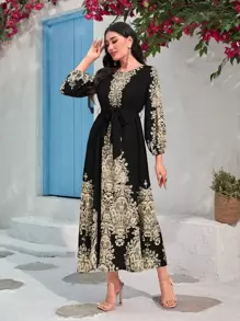 Al Najma 巴洛克印花系带连衣裙 女式长款服装 - 黑色 - 查看 5