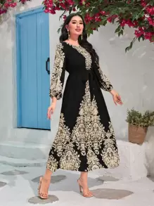 Al Najma 巴洛克印花系带连衣裙 女式长款服装 - 黑色 - 查看 6