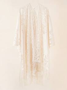 Lace Detail Fringe Hem Shawl - Khaki - View 1