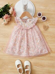 SHEIN Đầm em bé Xù Dây kéo Tương phản Mesh Họa tiết hoa - Màu Hồng baby - Xem 1