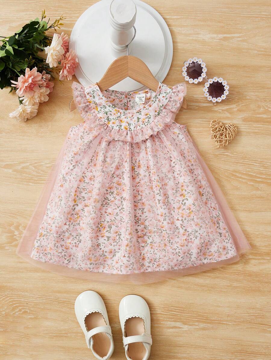 SHEIN Đầm em bé Xù Dây kéo Tương phản Mesh Họa tiết hoa - Màu Hồng baby - Xem 1