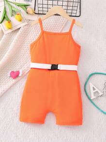 SHEIN 夏季少女橙色字母印花運動連身褲，細肩帶設計 - 橘色 - 查看 2