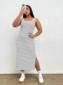 SHEIN EZwear Đầm Plus Size Chia Sọc Giải trí - Đen và trắng - Xem 1