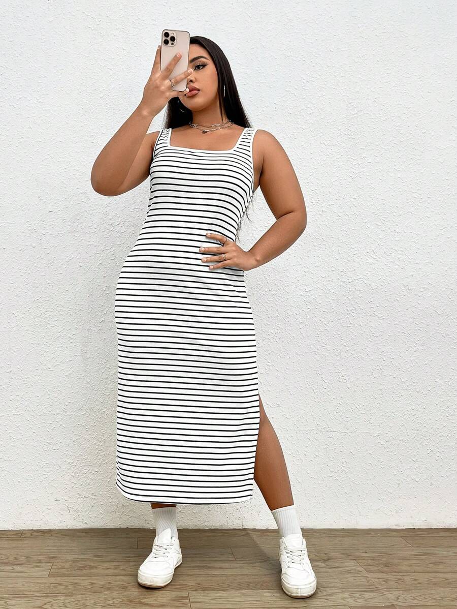 SHEIN EZwear Đầm Plus Size Chia Sọc Giải trí - Đen và trắng - Xem 1