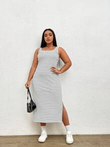 SHEIN EZwear Đầm Plus Size Chia Sọc Giải trí - Đen và trắng - Xem 3