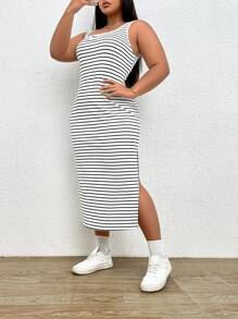 SHEIN EZwear Đầm Plus Size Chia Sọc Giải trí - Đen và trắng - Xem 4