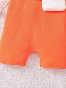 SHEIN 夏季少女橙色字母印花運動連身褲，細肩帶設計 - 橘色 - 查看 5