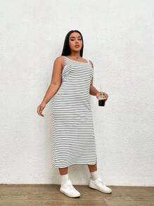 SHEIN EZwear Đầm Plus Size Chia Sọc Giải trí - Đen và trắng - Xem 5