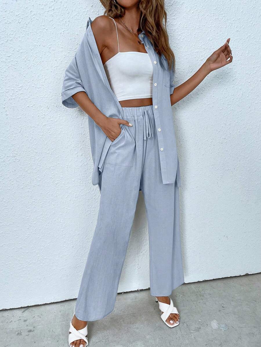 INAWLY Camisa unicolor con botón delantero & Pantalones de cintura con cordón - Neblina azul - Ver 1