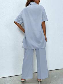 INAWLY Camisa unicolor con botón delantero & Pantalones de cintura con cordón - Neblina azul - Ver 2