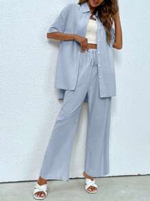 INAWLY Camisa unicolor con botón delantero & Pantalones de cintura con cordón - Neblina azul - Ver 3