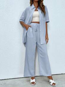 INAWLY Camisa unicolor con botón delantero & Pantalones de cintura con cordón - Neblina azul - Ver 4