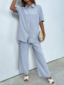 INAWLY Camisa unicolor con botón delantero & Pantalones de cintura con cordón - Neblina azul - Ver 5