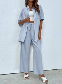 INAWLY Camisa unicolor con botón delantero & Pantalones de cintura con cordón - Neblina azul - Ver 6