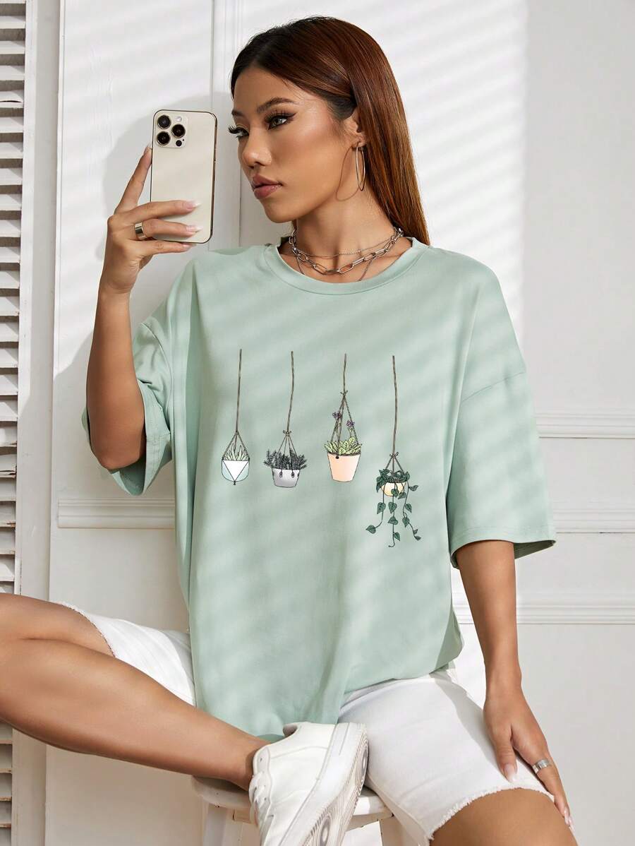 SHEIN EZwear 卡通圖案落肩T恤 - 薄荷綠 - 查看 1