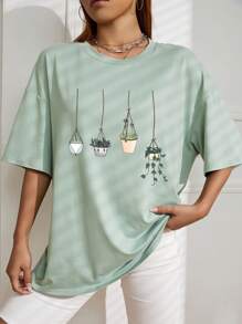 SHEIN EZwear 卡通圖案落肩T恤 - 薄荷綠 - 查看 4