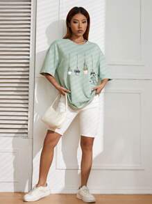 SHEIN EZwear 卡通圖案落肩T恤 - 薄荷綠 - 查看 6