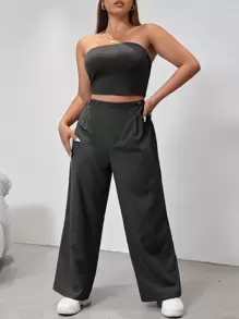 SHEIN EZwear 大碼素色抹胸上衣和闊腿褲 - 深灰色 - 查看 1