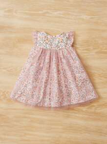 SHEIN Đầm em bé Xù Dây kéo Tương phản Mesh Họa tiết hoa - Màu Hồng baby - Xem 2