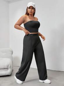 SHEIN EZwear 大碼素色抹胸上衣和闊腿褲 - 深灰色 - 查看 5