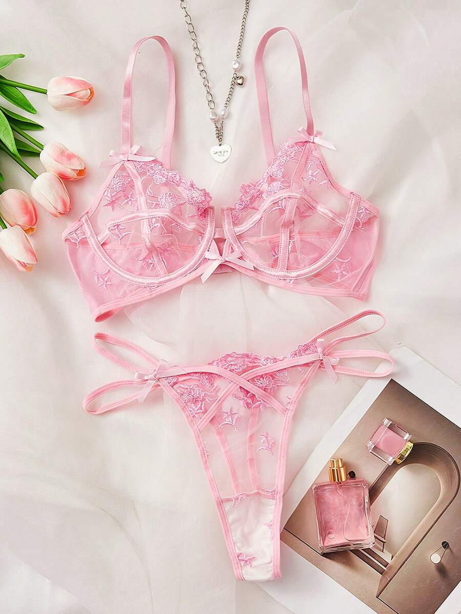 Pure Desire Floral Embroidery Mesh Underwire Lingerie Set