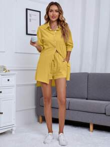 INAWLY Solid Drop Shoulder Shirt & Knot Front Shorts