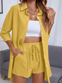 INAWLY Solid Drop Shoulder Shirt & Knot Front Shorts