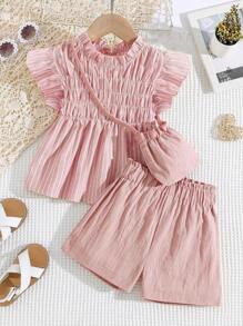SHEIN Young Girl Striped Ruffle Trim Peplum Top & Shorts & Accessory Bag - Dusty Pink - View 1