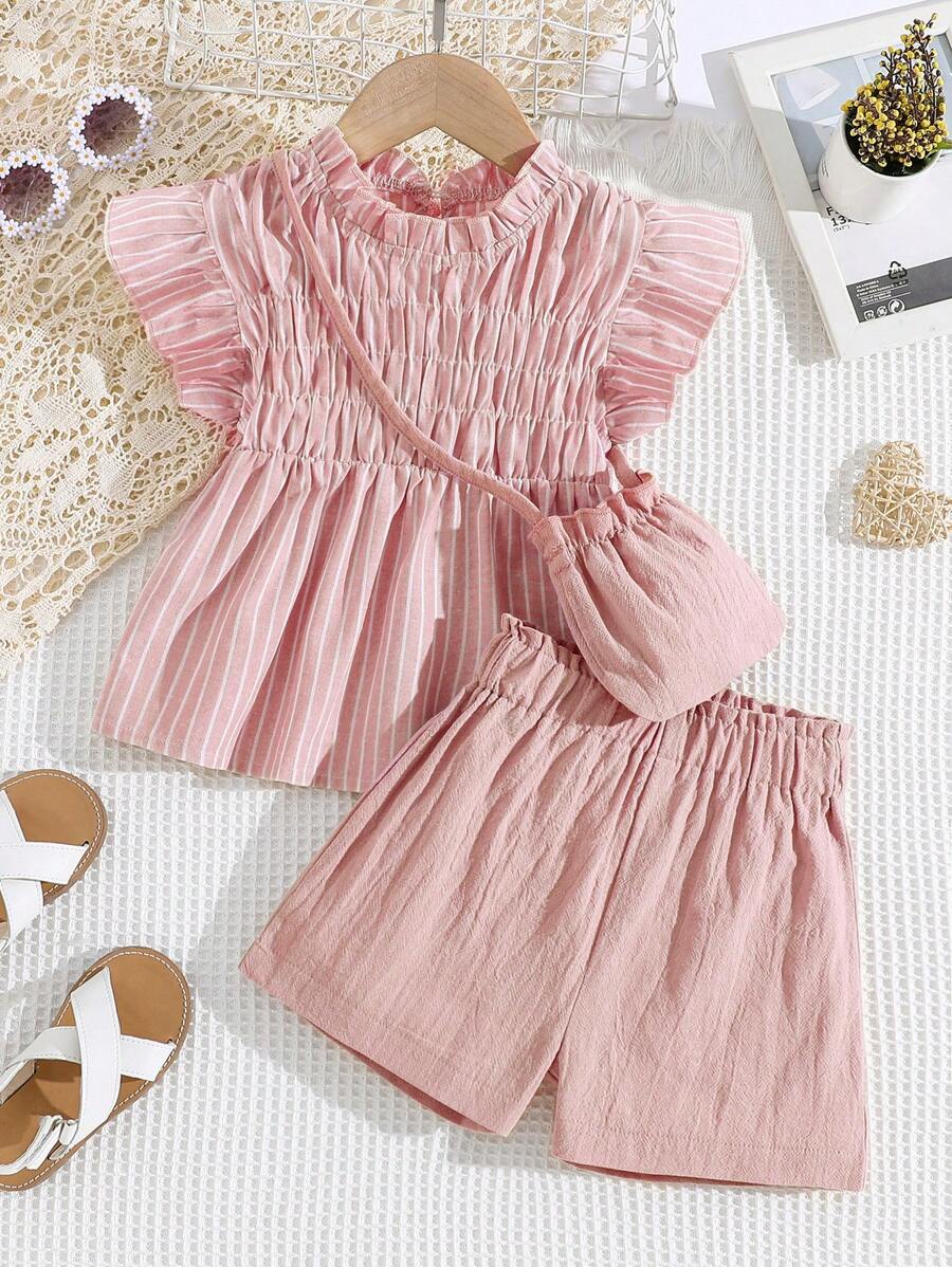 SHEIN Young Girl Striped Ruffle Trim Peplum Top & Shorts & Accessory Bag - Dusty Pink - View 1
