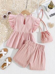 SHEIN Young Girl Striped Ruffle Trim Peplum Top & Shorts & Accessory Bag - Dusty Pink - View 2