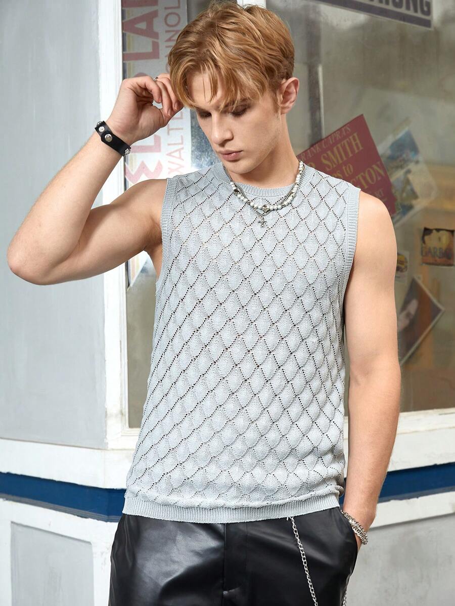 Manfinity Hypemode 男士素色網眼針織上衣 - 淺灰色 - 查看 1