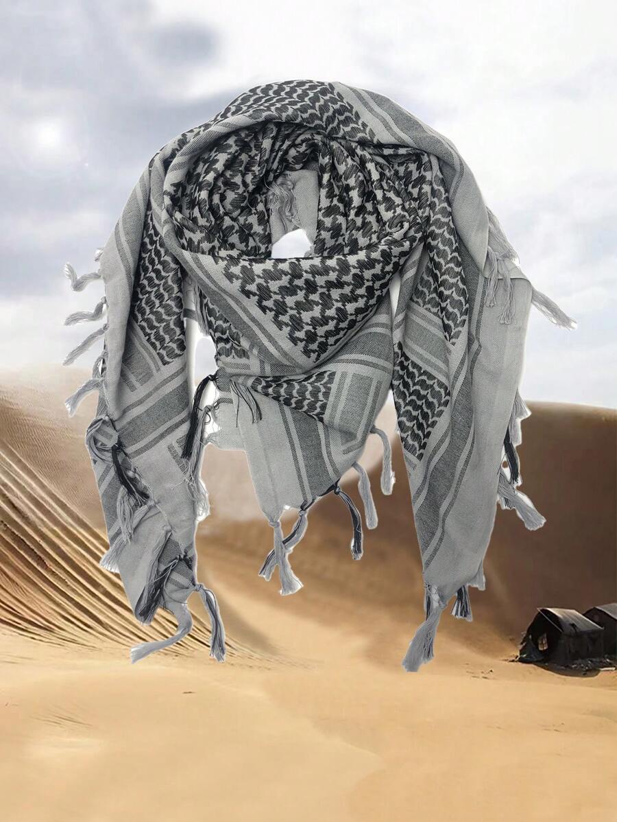 1 chiếc khăn vuông tua rua phong cách cổ điển dành cho nam, khăn choàng trùm đầu thời trang dạo phố - Xám - Xem 1