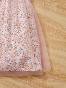 SHEIN Đầm em bé Xù Dây kéo Tương phản Mesh Họa tiết hoa - Màu Hồng baby - Xem 4