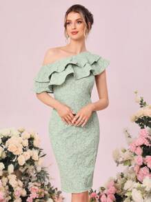 SHEIN Belle 不對稱領荷葉邊提花伴娘連衣裙 - 薄荷綠 - 查看 3