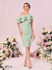 SHEIN Belle 不對稱領荷葉邊提花伴娘連衣裙 - 薄荷綠 - 查看 4